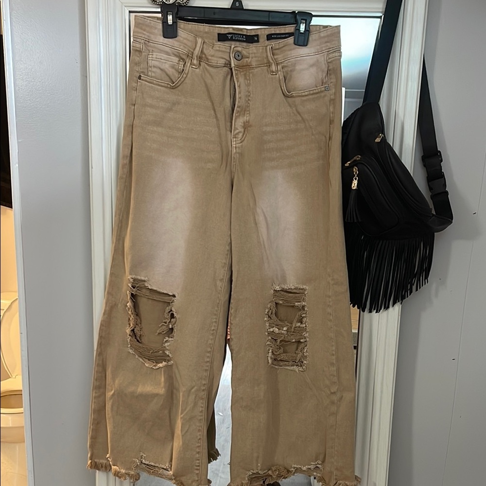 Lucky & Blessed Tan Flare Wide Leg Jeans Distressed